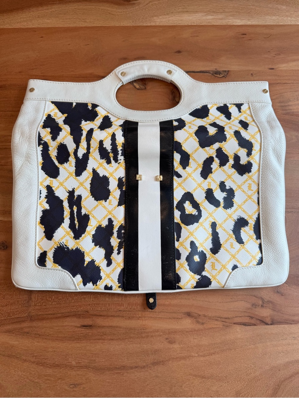L.A.M.B. by Gwen Stefani Leopard Print Leather Clutch Purse White Black Gold - Picture 4 of 12